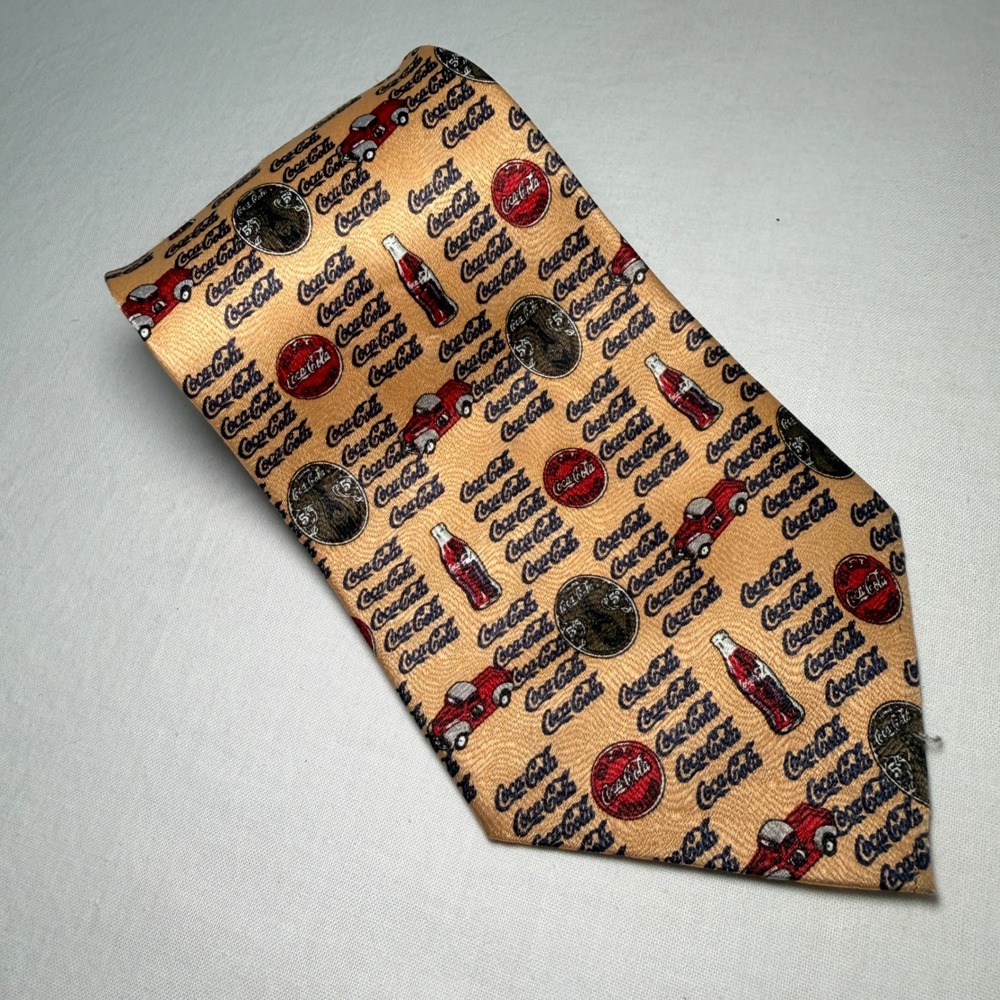 Vintage Coca-Cola Tie Bottles Trucks Coins Logo Tan Novelty Necktie Made Korea